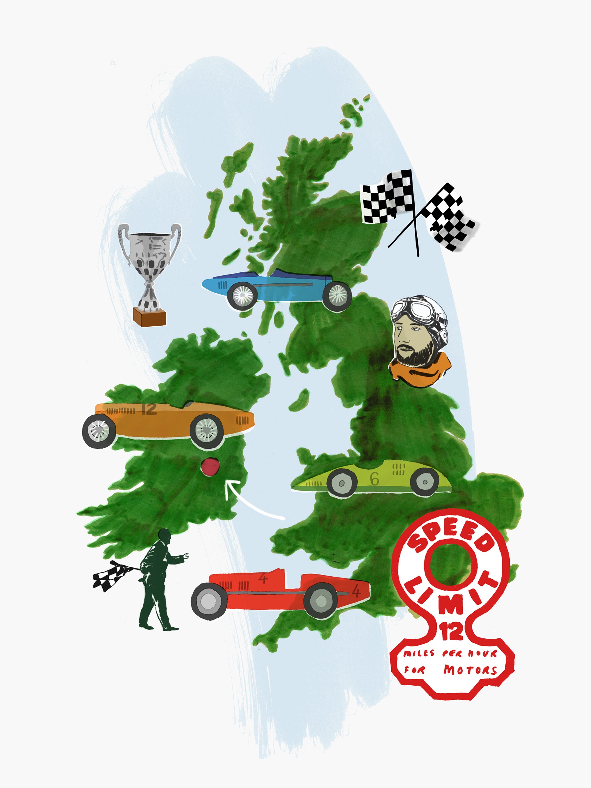 An illustration of a map, with silhouettes of Ireland and Great Britain. Racing cars in several colors, a trophy, racing flags, and a draw of a red-white sign for a speed limit with 12 mph can be seen.